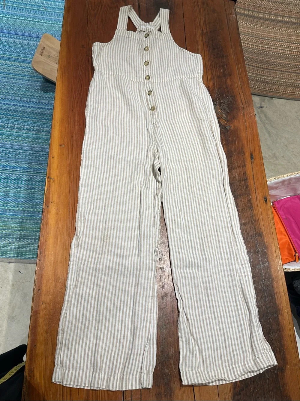 Mango MNG Linen Overalls, Cream Stripe, Women's Sm